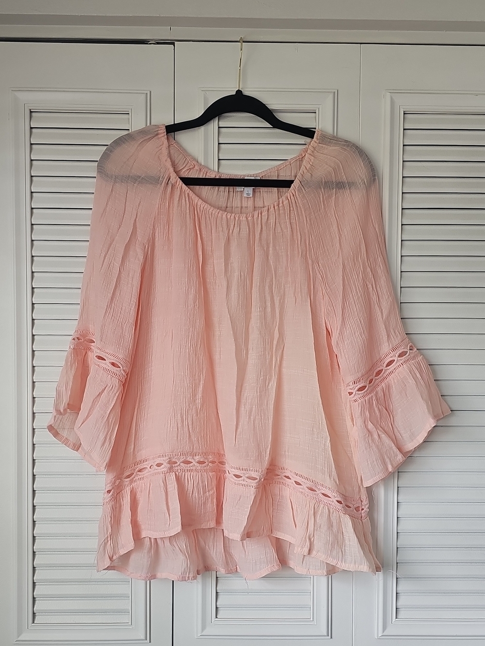 New Directions Light Pink Peasant Blouse with Lace Trim